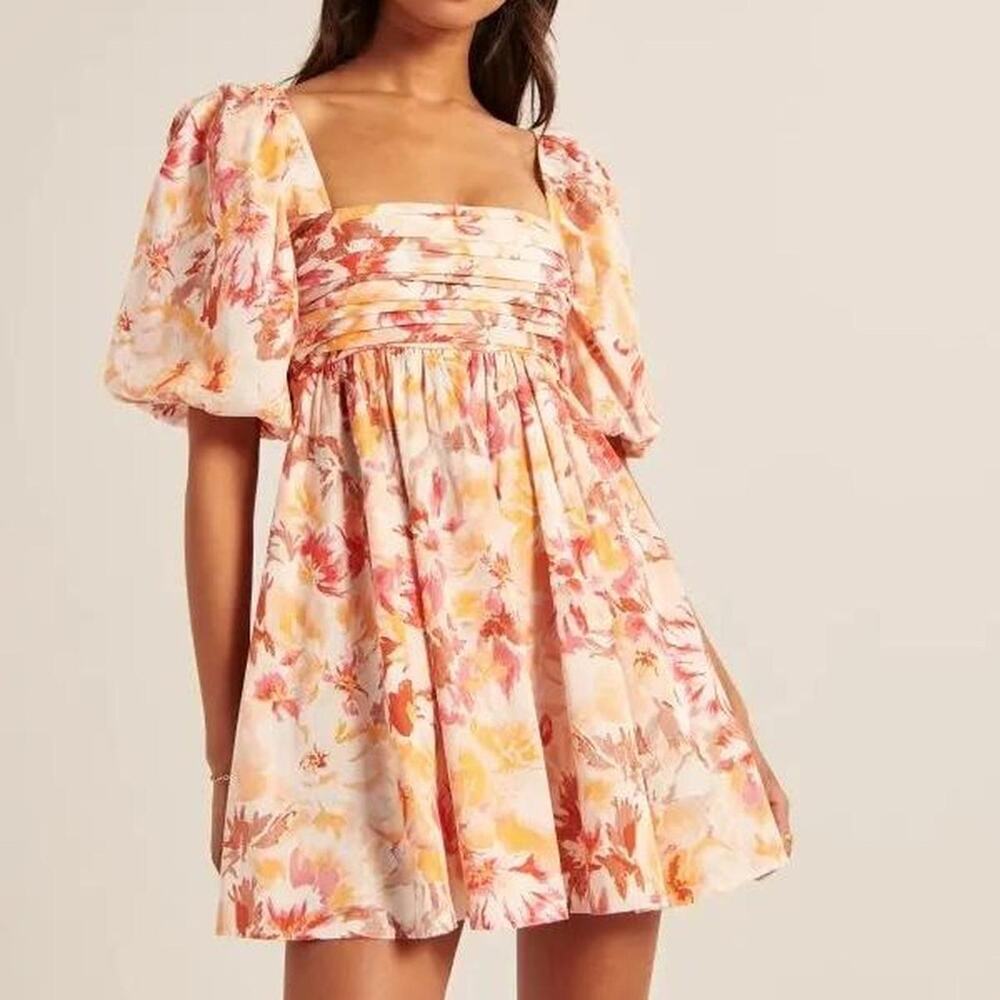 Abercrombie & Fitch Emerson Poplin Puff Sleeve Mini Dress Orange Size SP